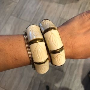 Vintage Bone & Gold Chunky Bangles, set of 2